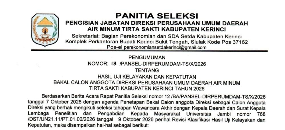 Hasil UKK Bakal Calon Anggota Direksi Perumda Tirta Sakti Tahun 2026